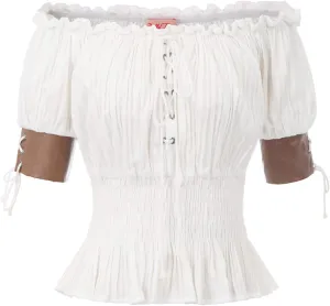 Belle Poque Women Renaissance Off Shoulder Blouse Smocked Waist Pirate Shirt Peplum Tops