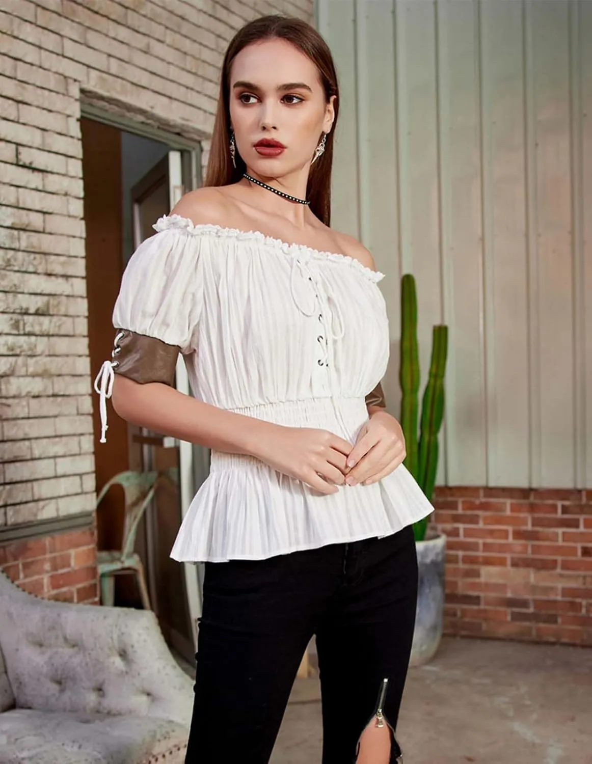 Belle Poque Women Renaissance Off Shoulder Blouse Smocked Waist Pirate Shirt Peplum Tops
