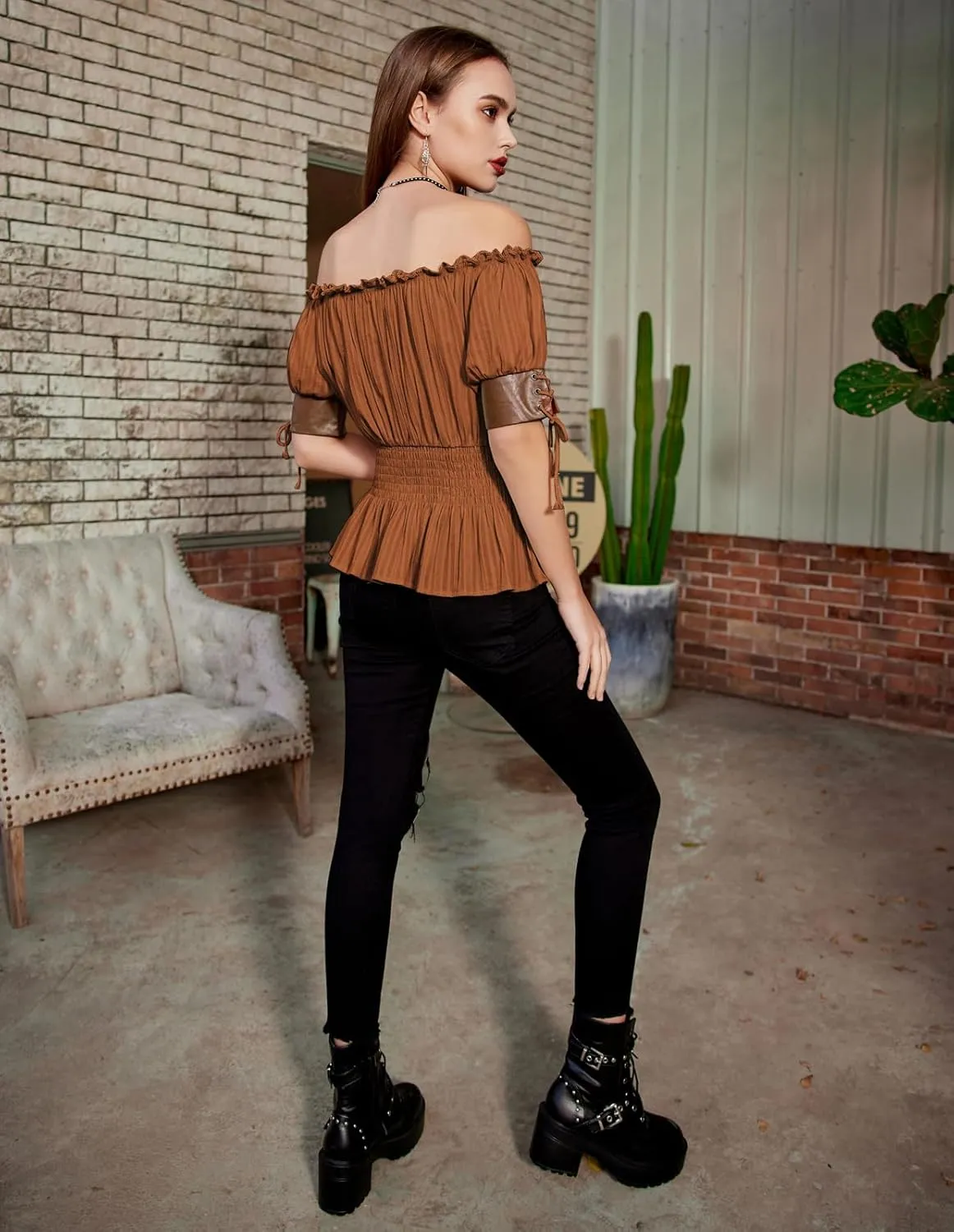 Belle Poque Women Renaissance Off Shoulder Blouse Smocked Waist Pirate Shirt Peplum Tops