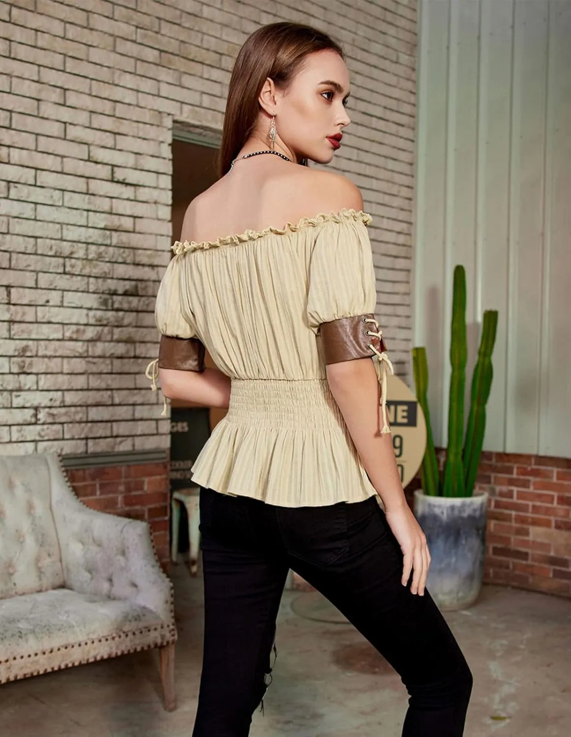Belle Poque Women Renaissance Off Shoulder Blouse Smocked Waist Pirate Shirt Peplum Tops