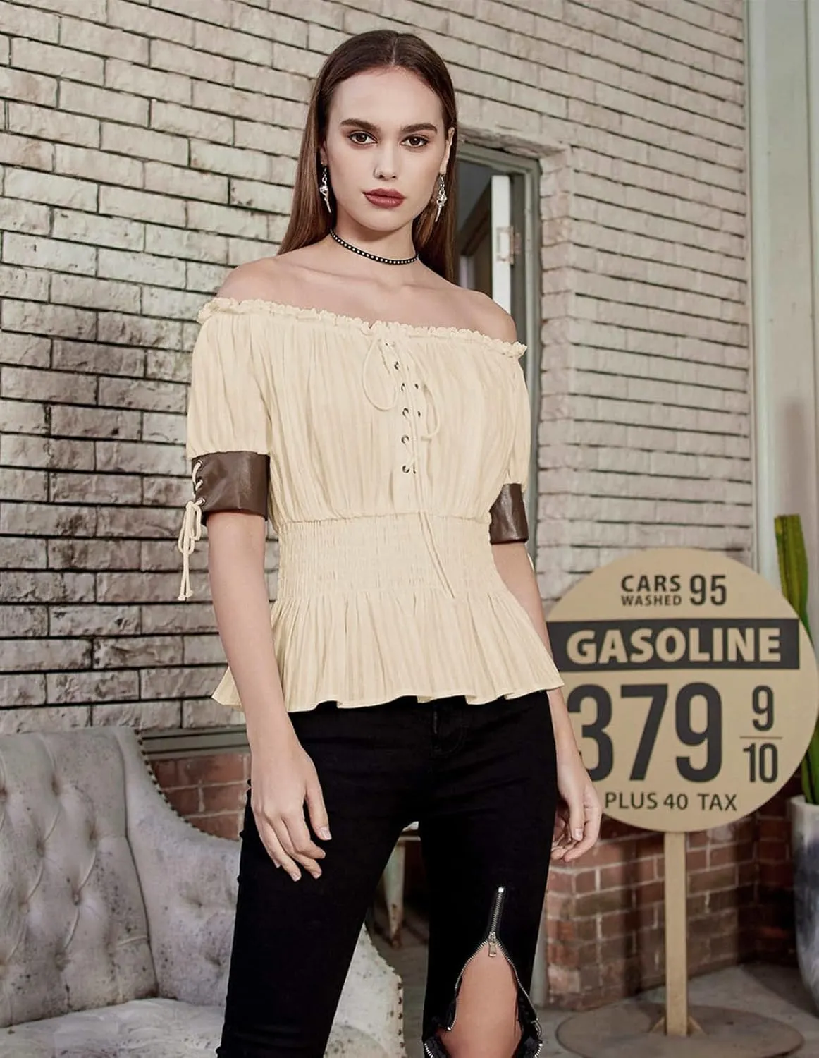 Belle Poque Women Renaissance Off Shoulder Blouse Smocked Waist Pirate Shirt Peplum Tops