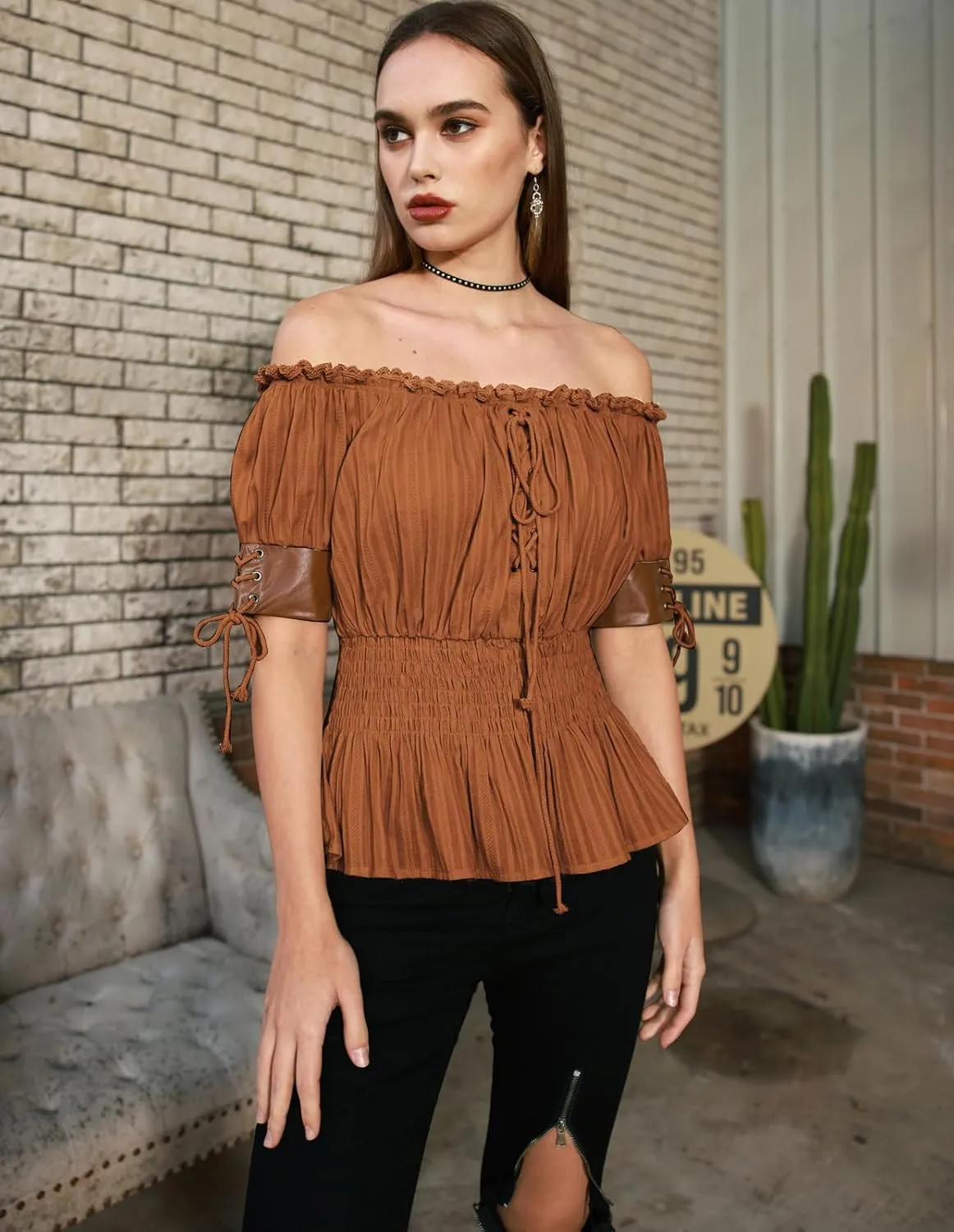Belle Poque Women Renaissance Off Shoulder Blouse Smocked Waist Pirate Shirt Peplum Tops