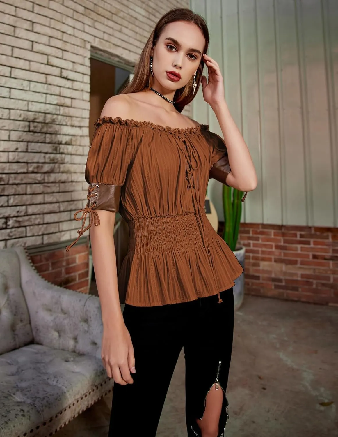 Belle Poque Women Renaissance Off Shoulder Blouse Smocked Waist Pirate Shirt Peplum Tops
