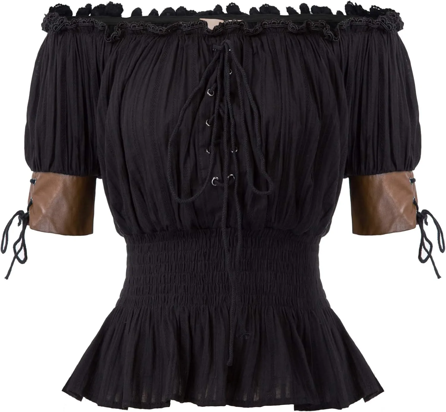 Belle Poque Women Renaissance Off Shoulder Blouse Smocked Waist Pirate Shirt Peplum Tops