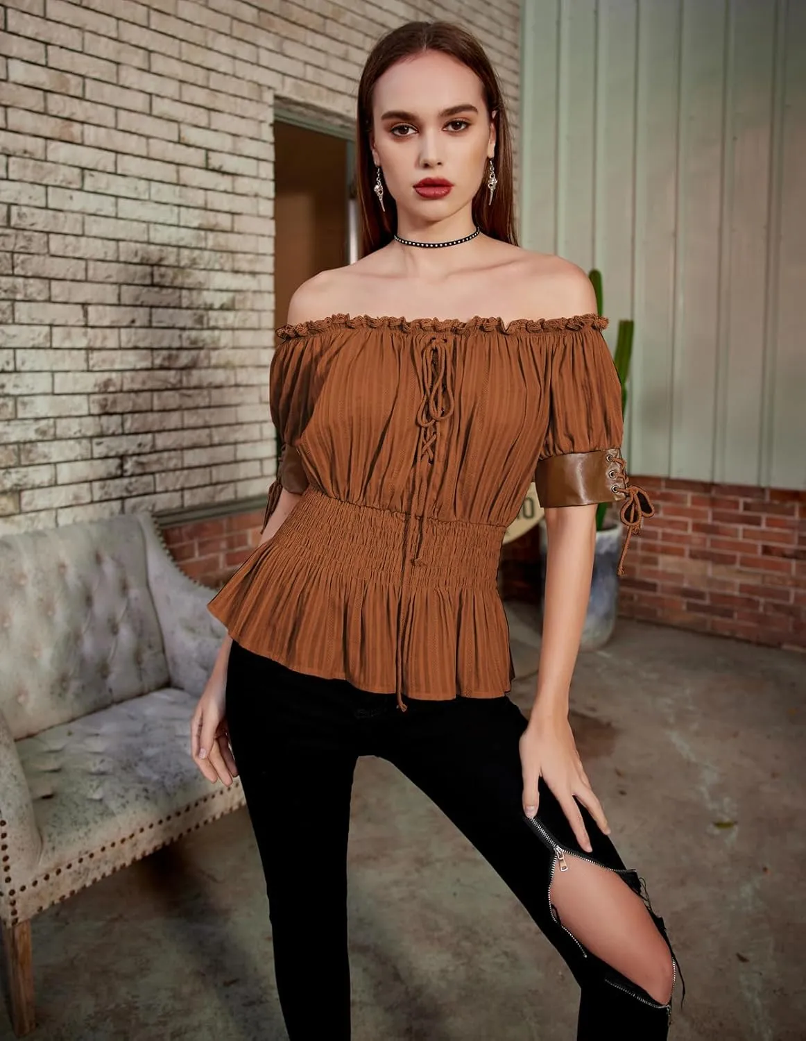 Belle Poque Women Renaissance Off Shoulder Blouse Smocked Waist Pirate Shirt Peplum Tops