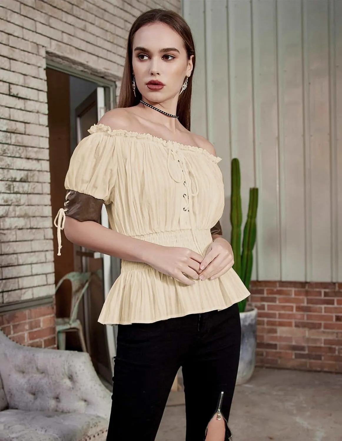 Belle Poque Women Renaissance Off Shoulder Blouse Smocked Waist Pirate Shirt Peplum Tops