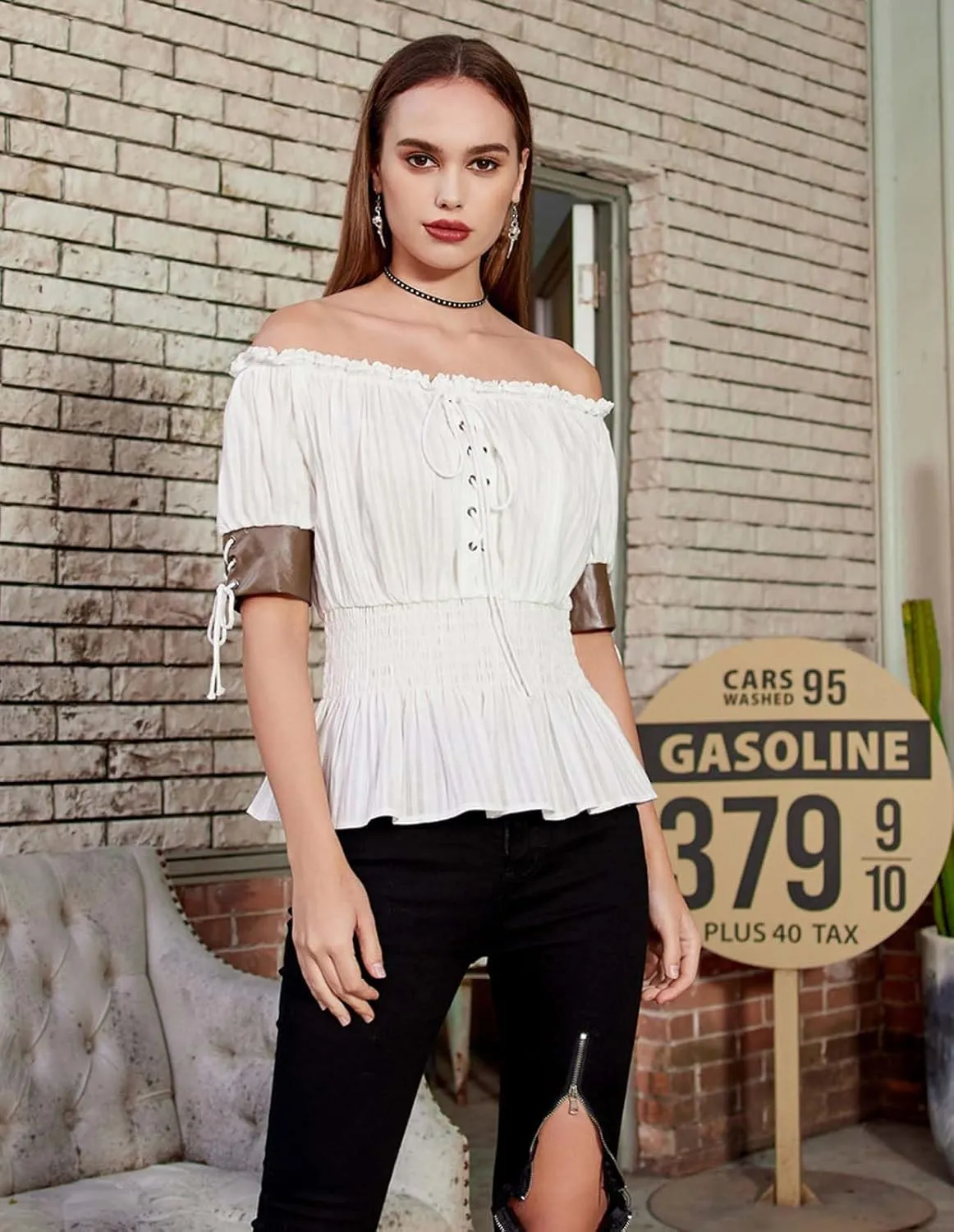 Belle Poque Women Renaissance Off Shoulder Blouse Smocked Waist Pirate Shirt Peplum Tops