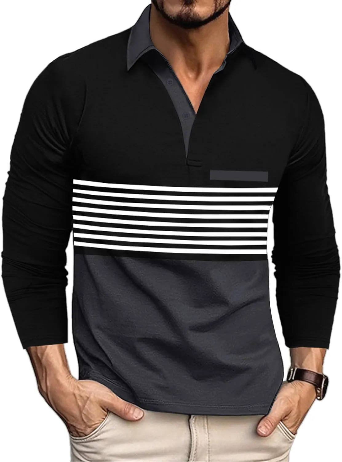 Beotyshow Mens Striped Polo Shirts Long Sleeve Contrast Color Golf Casual Shirt Collared Fashion T Shirts