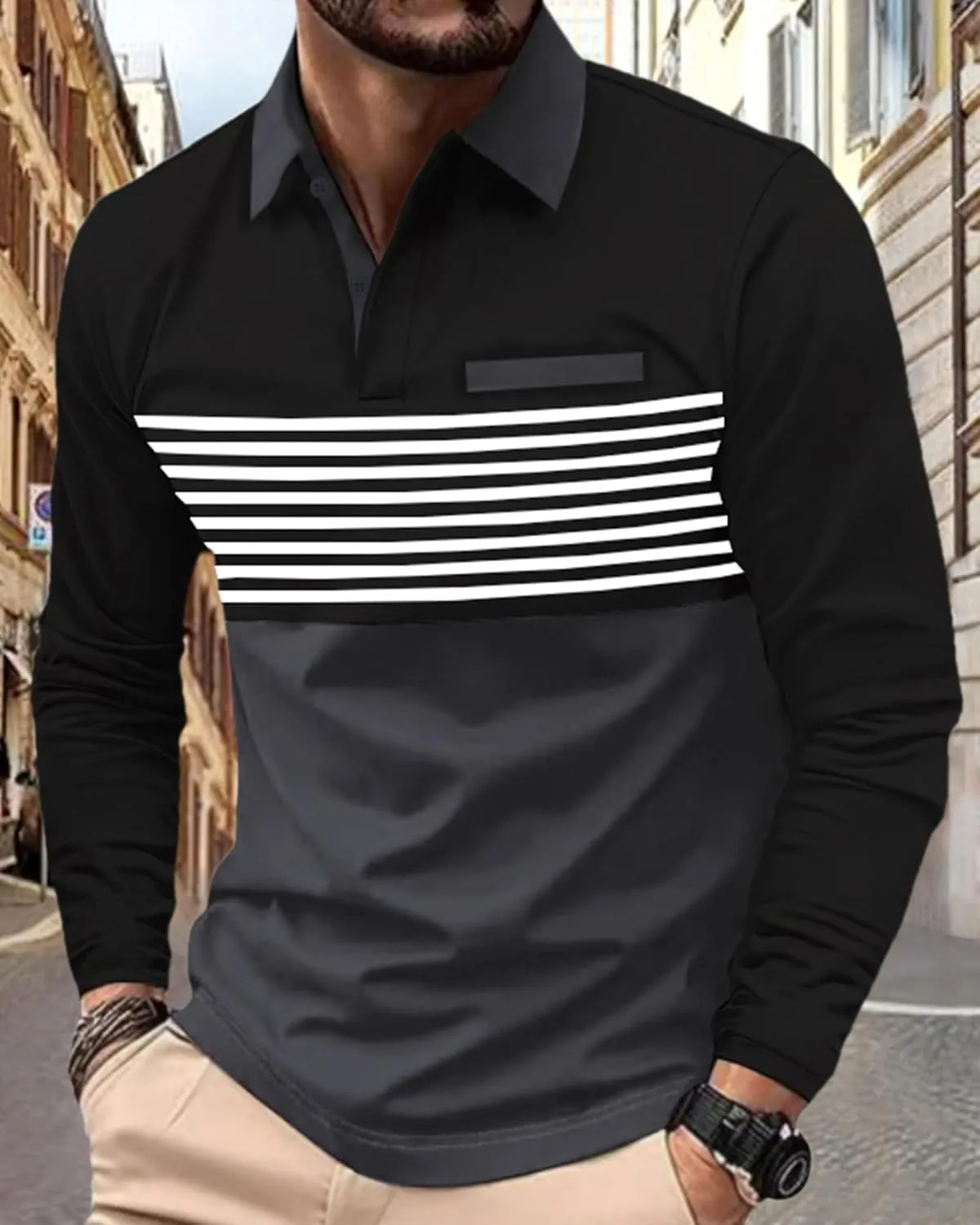 Beotyshow Mens Striped Polo Shirts Long Sleeve Contrast Color Golf Casual Shirt Collared Fashion T Shirts