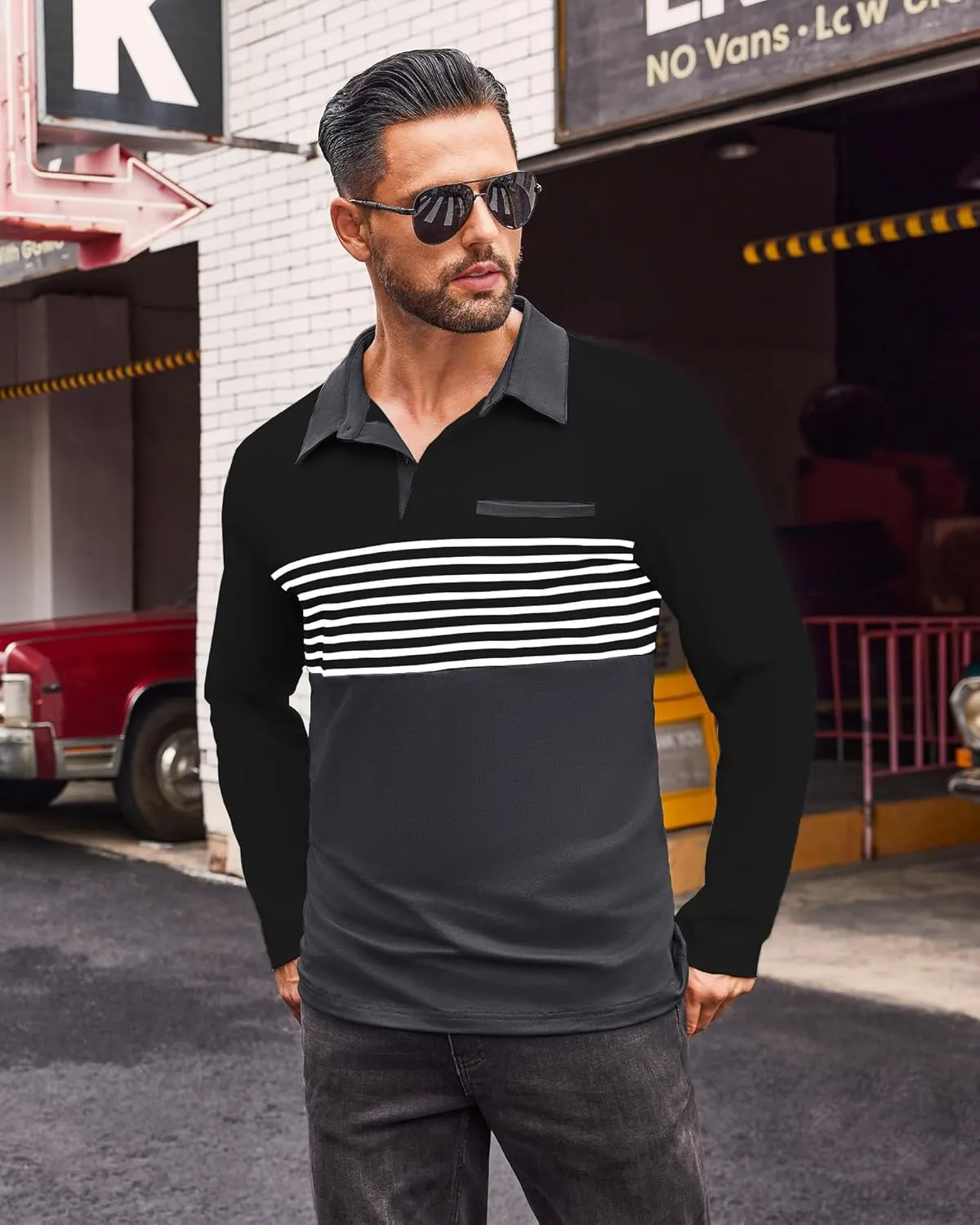 Beotyshow Mens Striped Polo Shirts Long Sleeve Contrast Color Golf Casual Shirt Collared Fashion T Shirts