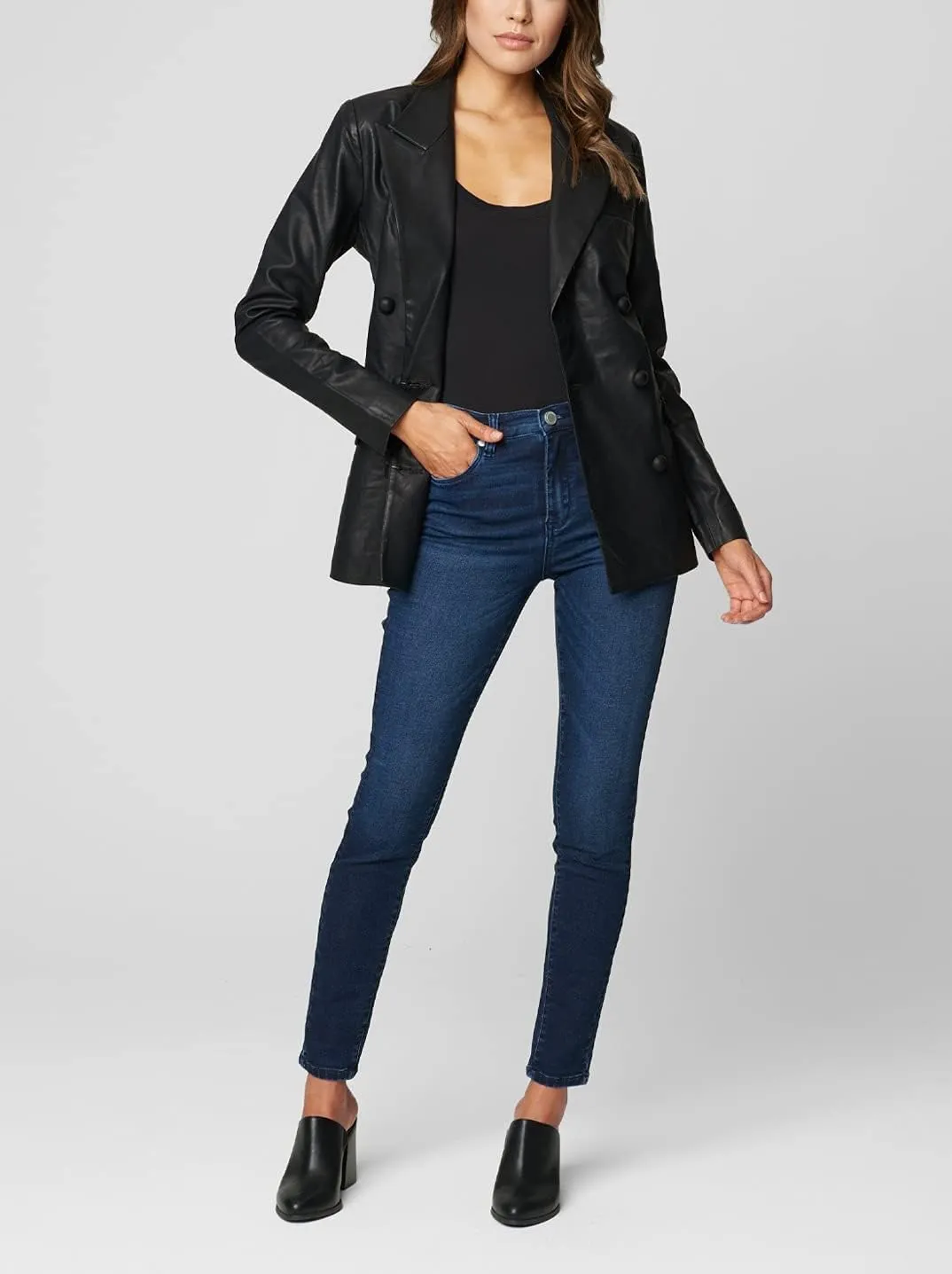 [BLANKNYC] Womens Double Breasted Long Vegan Leather Blazer