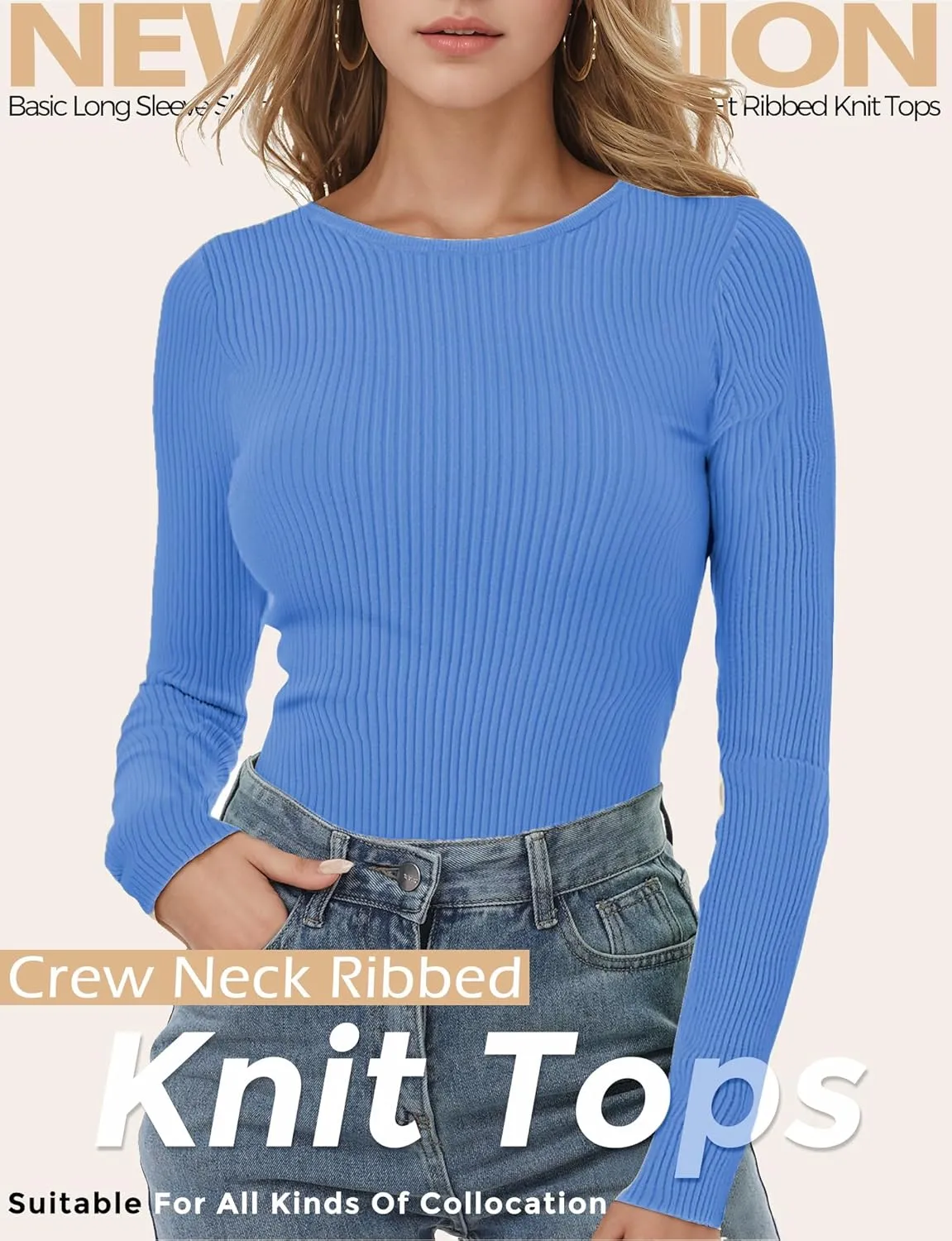 Buauty Women's Long Sleeve Crewneck Sweater 2025 Fall Ribbed Knit Fitted Shirts Slim Solid Pullovers Basic Casual Tee Tops