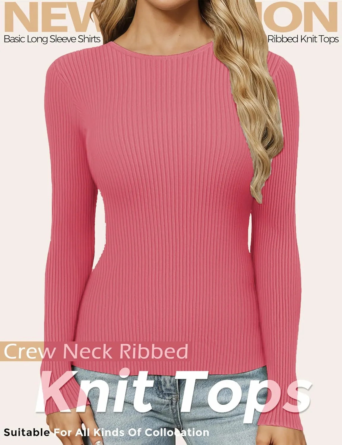 Buauty Women's Long Sleeve Crewneck Sweater 2025 Fall Ribbed Knit Fitted Shirts Slim Solid Pullovers Basic Casual Tee Tops