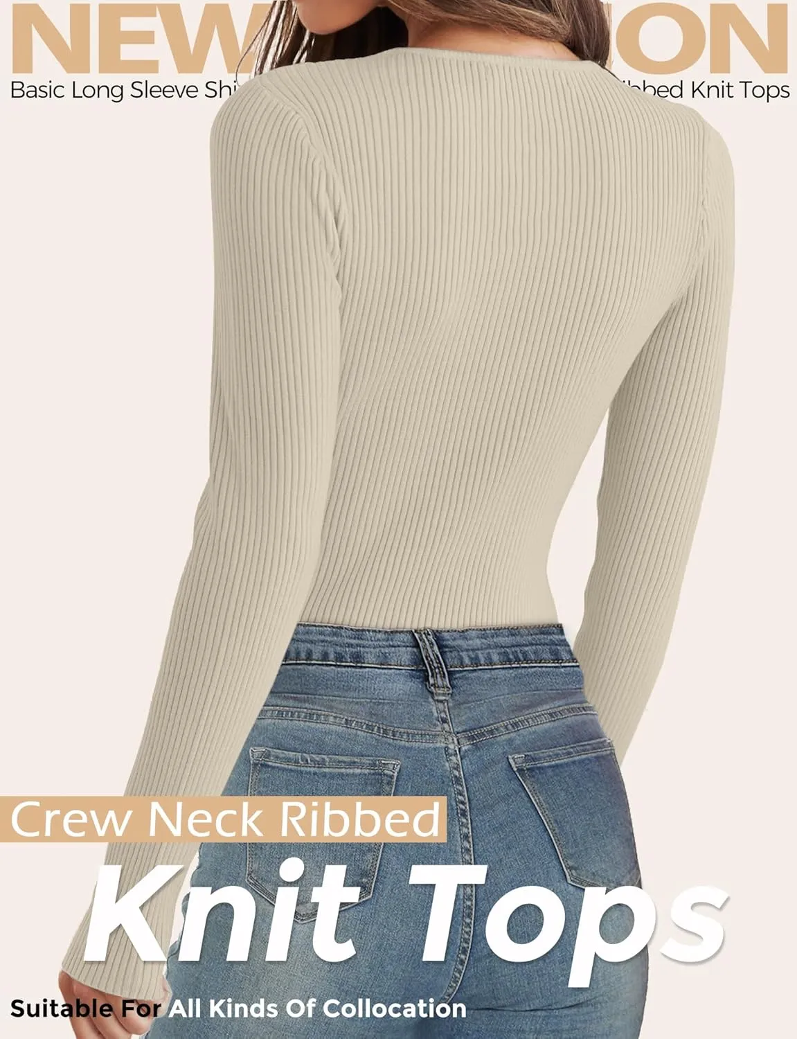 Buauty Women's Long Sleeve Crewneck Sweater 2025 Fall Ribbed Knit Fitted Shirts Slim Solid Pullovers Basic Casual Tee Tops