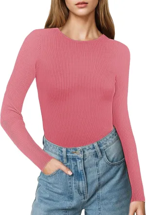 Buauty Women's Long Sleeve Crewneck Sweater 2025 Fall Ribbed Knit Fitted Shirts Slim Solid Pullovers Basic Casual Tee Tops