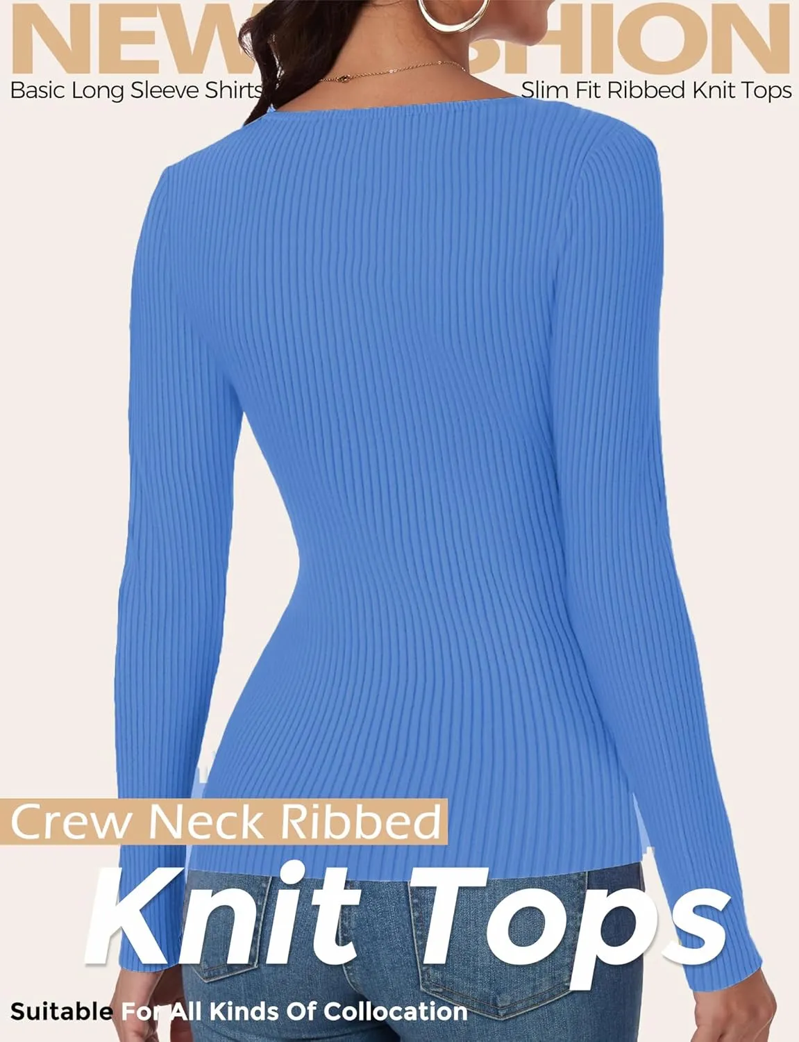 Buauty Women's Long Sleeve Crewneck Sweater 2025 Fall Ribbed Knit Fitted Shirts Slim Solid Pullovers Basic Casual Tee Tops