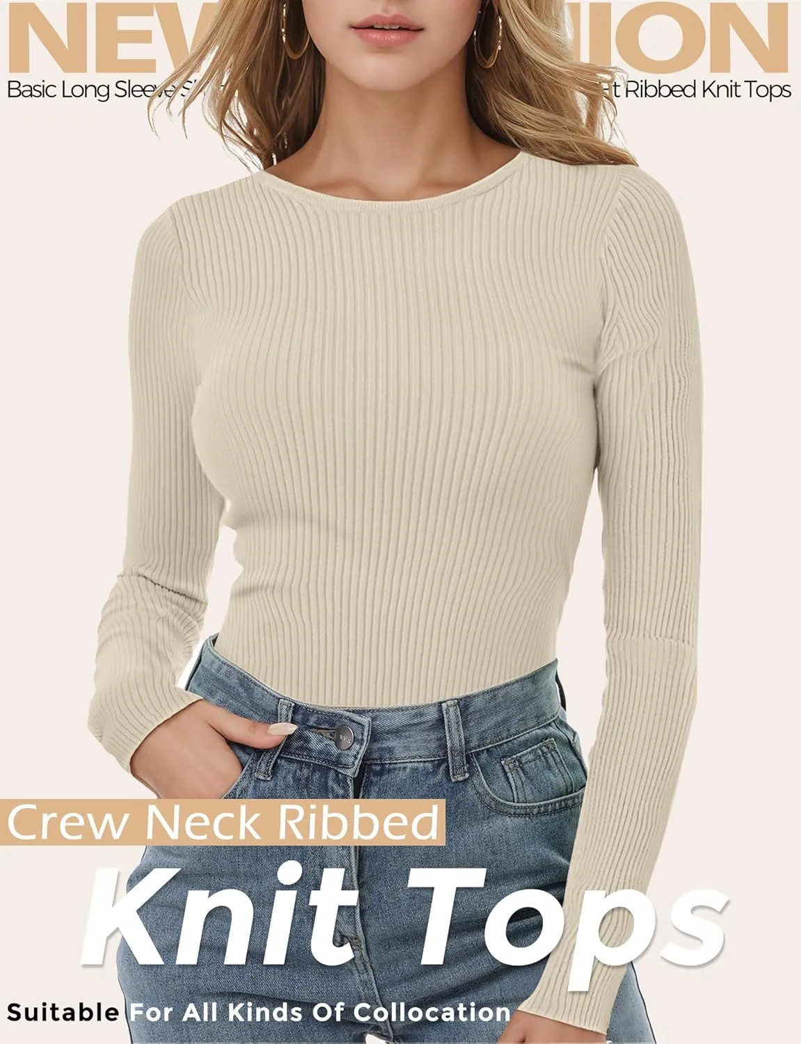 Buauty Women's Long Sleeve Crewneck Sweater 2025 Fall Ribbed Knit Fitted Shirts Slim Solid Pullovers Basic Casual Tee Tops