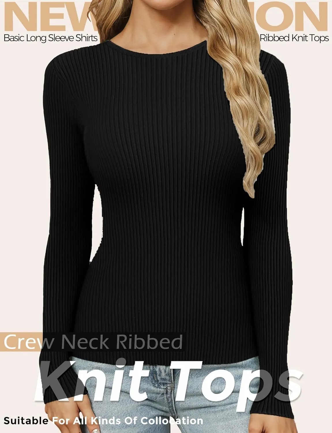 Buauty Women's Long Sleeve Crewneck Sweater 2025 Fall Ribbed Knit Fitted Shirts Slim Solid Pullovers Basic Casual Tee Tops