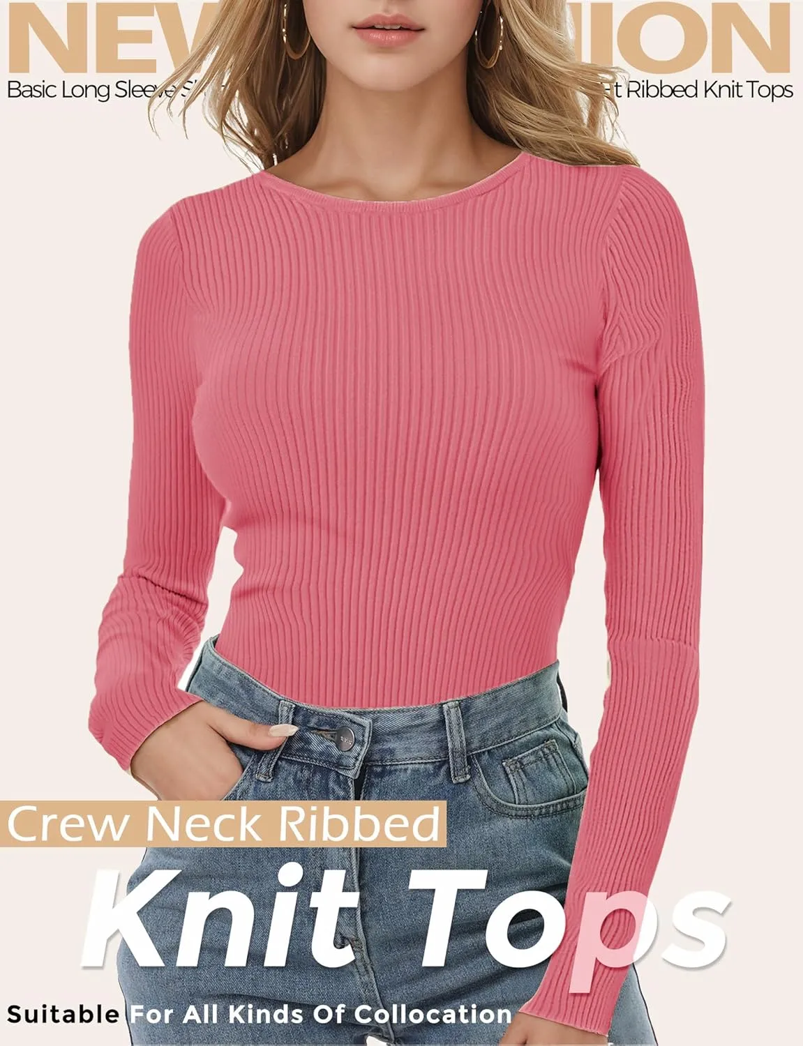 Buauty Women's Long Sleeve Crewneck Sweater 2025 Fall Ribbed Knit Fitted Shirts Slim Solid Pullovers Basic Casual Tee Tops