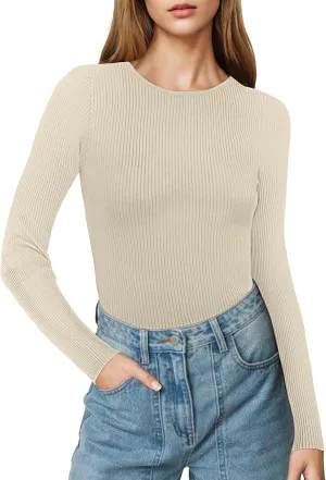 Buauty Women's Long Sleeve Crewneck Sweater 2025 Fall Ribbed Knit Fitted Shirts Slim Solid Pullovers Basic Casual Tee Tops