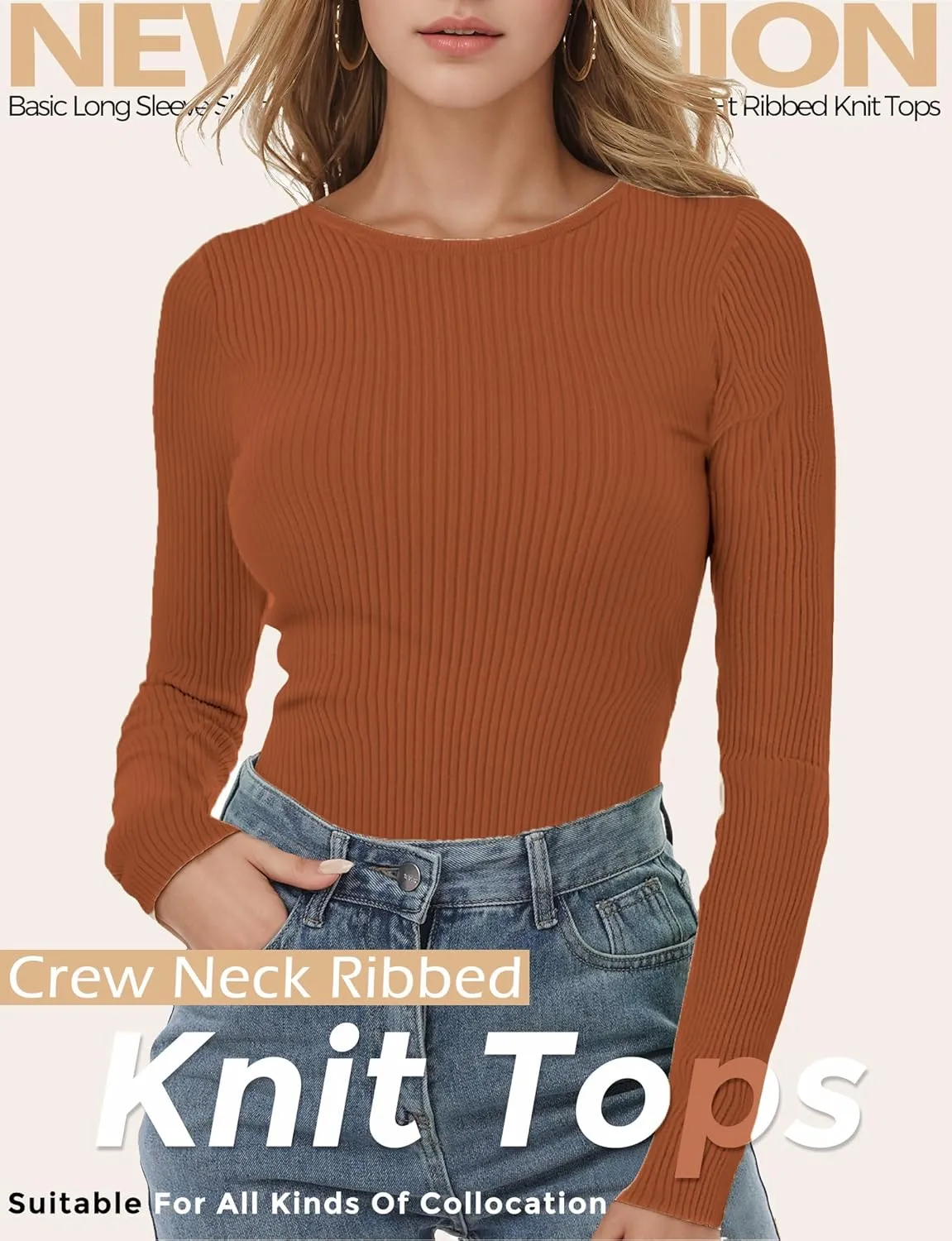 Buauty Women's Long Sleeve Crewneck Sweater 2025 Fall Ribbed Knit Fitted Shirts Slim Solid Pullovers Basic Casual Tee Tops