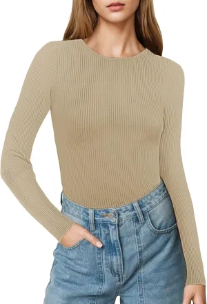 Buauty Women's Long Sleeve Crewneck Sweater 2025 Fall Ribbed Knit Fitted Shirts Slim Solid Pullovers Basic Casual Tee Tops