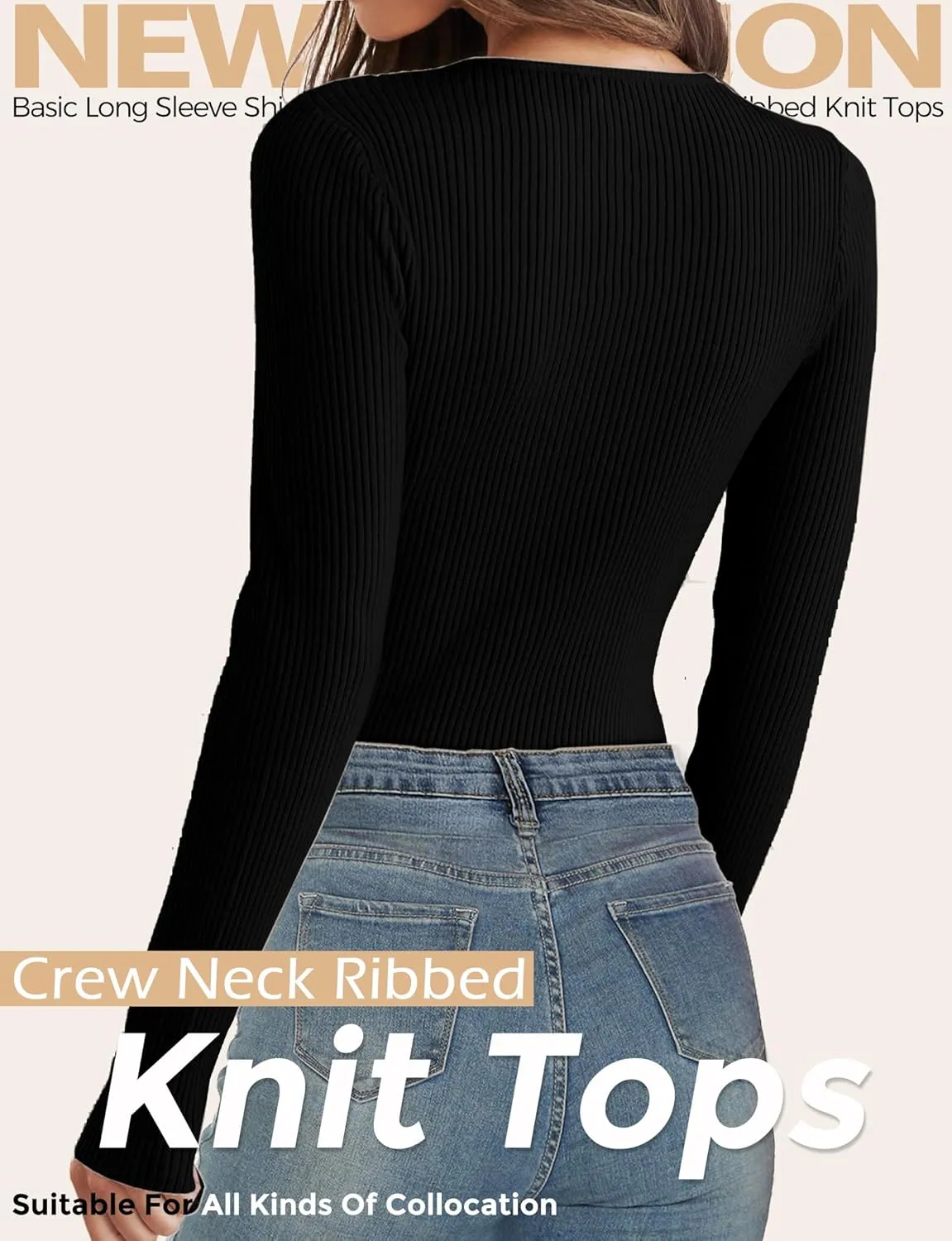 Buauty Women's Long Sleeve Crewneck Sweater 2025 Fall Ribbed Knit Fitted Shirts Slim Solid Pullovers Basic Casual Tee Tops