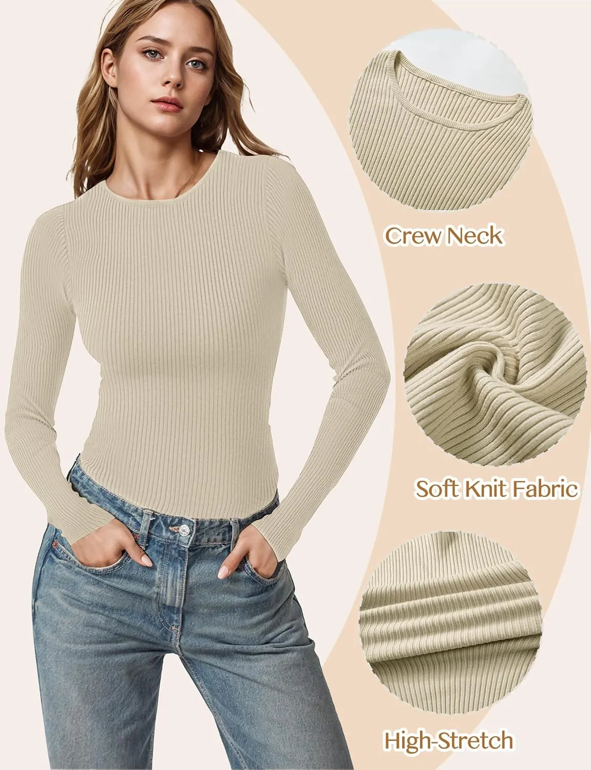 Buauty Women's Long Sleeve Crewneck Sweater 2025 Fall Ribbed Knit Fitted Shirts Slim Solid Pullovers Basic Casual Tee Tops