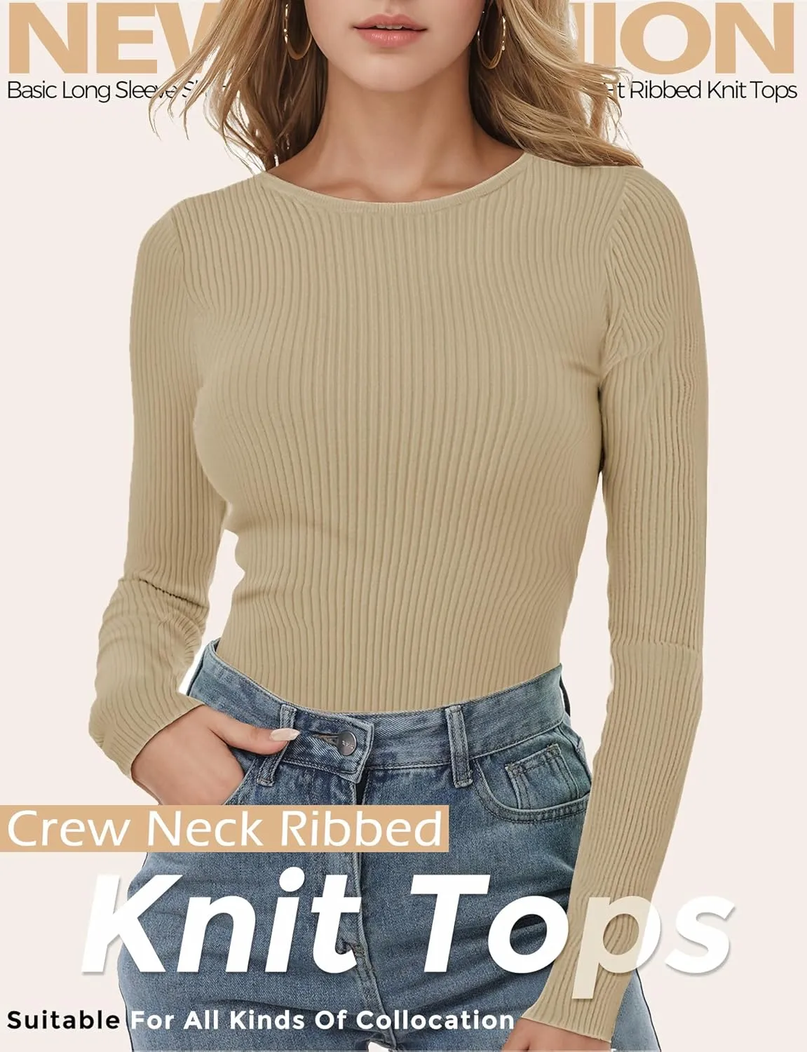 Buauty Women's Long Sleeve Crewneck Sweater 2025 Fall Ribbed Knit Fitted Shirts Slim Solid Pullovers Basic Casual Tee Tops