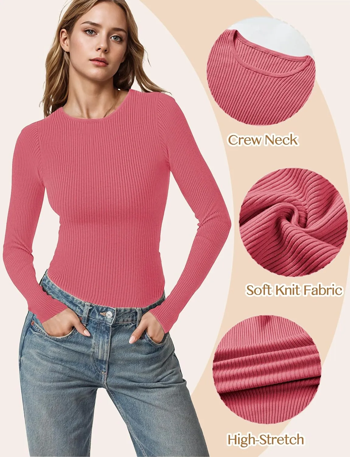 Buauty Women's Long Sleeve Crewneck Sweater 2025 Fall Ribbed Knit Fitted Shirts Slim Solid Pullovers Basic Casual Tee Tops