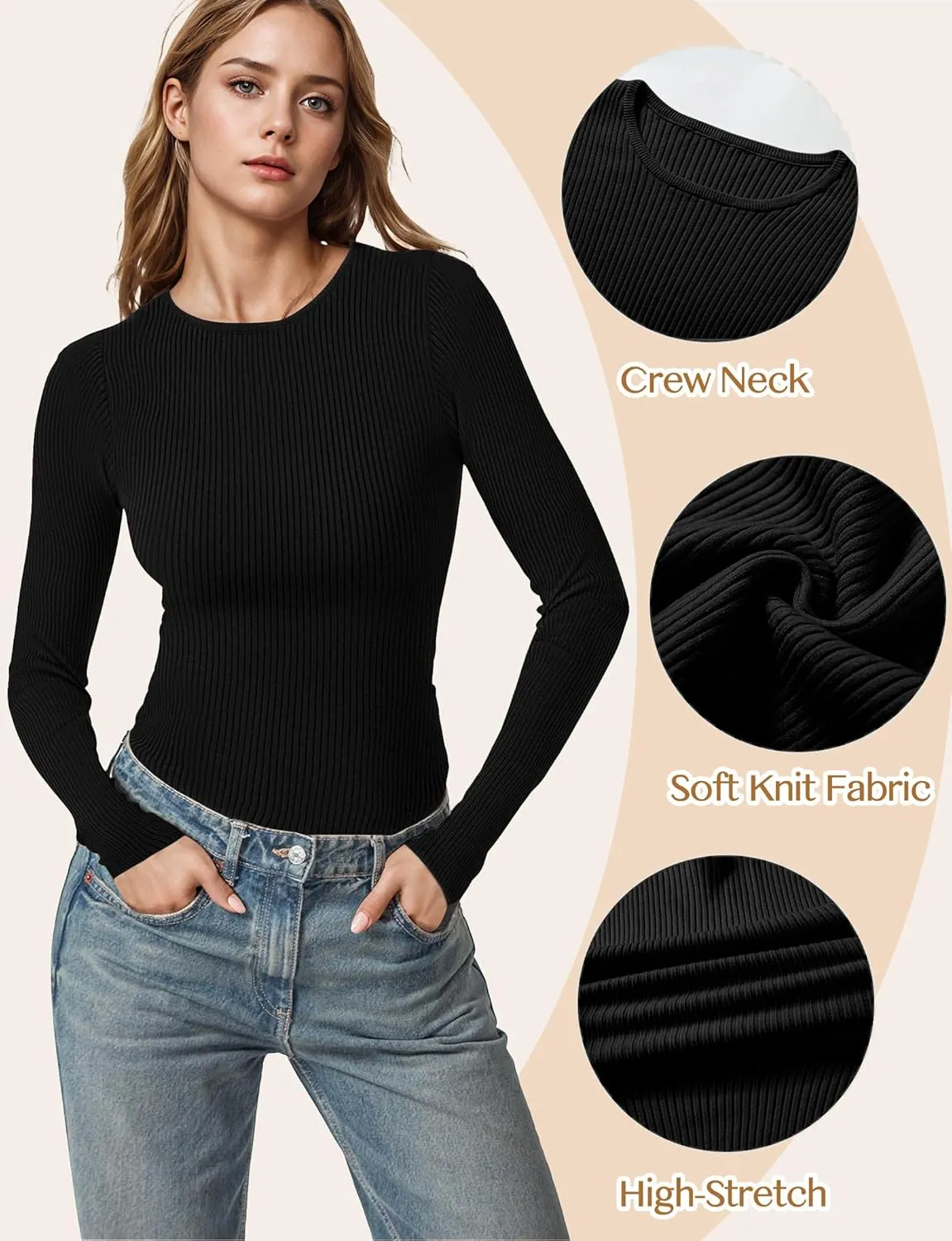 Buauty Women's Long Sleeve Crewneck Sweater 2025 Fall Ribbed Knit Fitted Shirts Slim Solid Pullovers Basic Casual Tee Tops