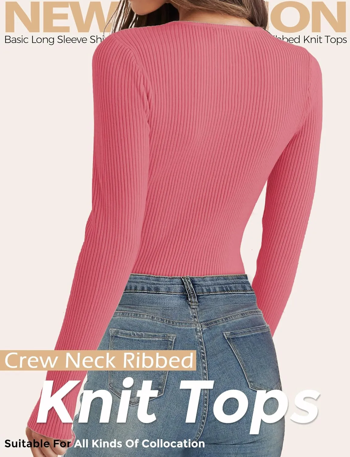 Buauty Women's Long Sleeve Crewneck Sweater 2025 Fall Ribbed Knit Fitted Shirts Slim Solid Pullovers Basic Casual Tee Tops