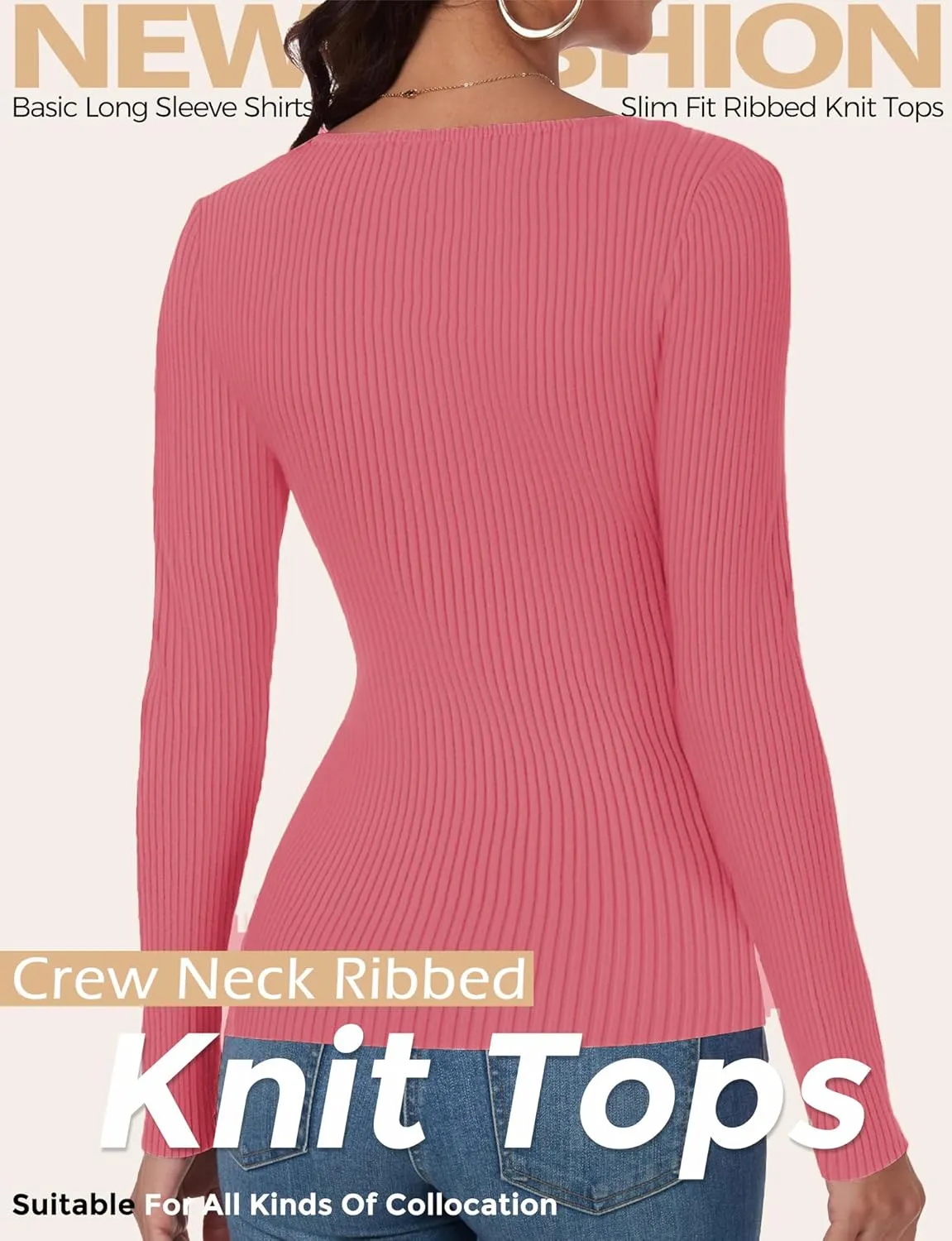 Buauty Women's Long Sleeve Crewneck Sweater 2025 Fall Ribbed Knit Fitted Shirts Slim Solid Pullovers Basic Casual Tee Tops