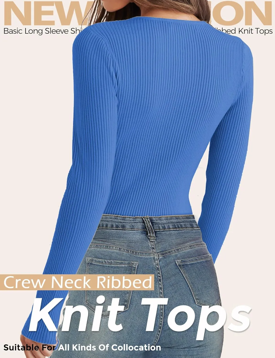 Buauty Women's Long Sleeve Crewneck Sweater 2025 Fall Ribbed Knit Fitted Shirts Slim Solid Pullovers Basic Casual Tee Tops