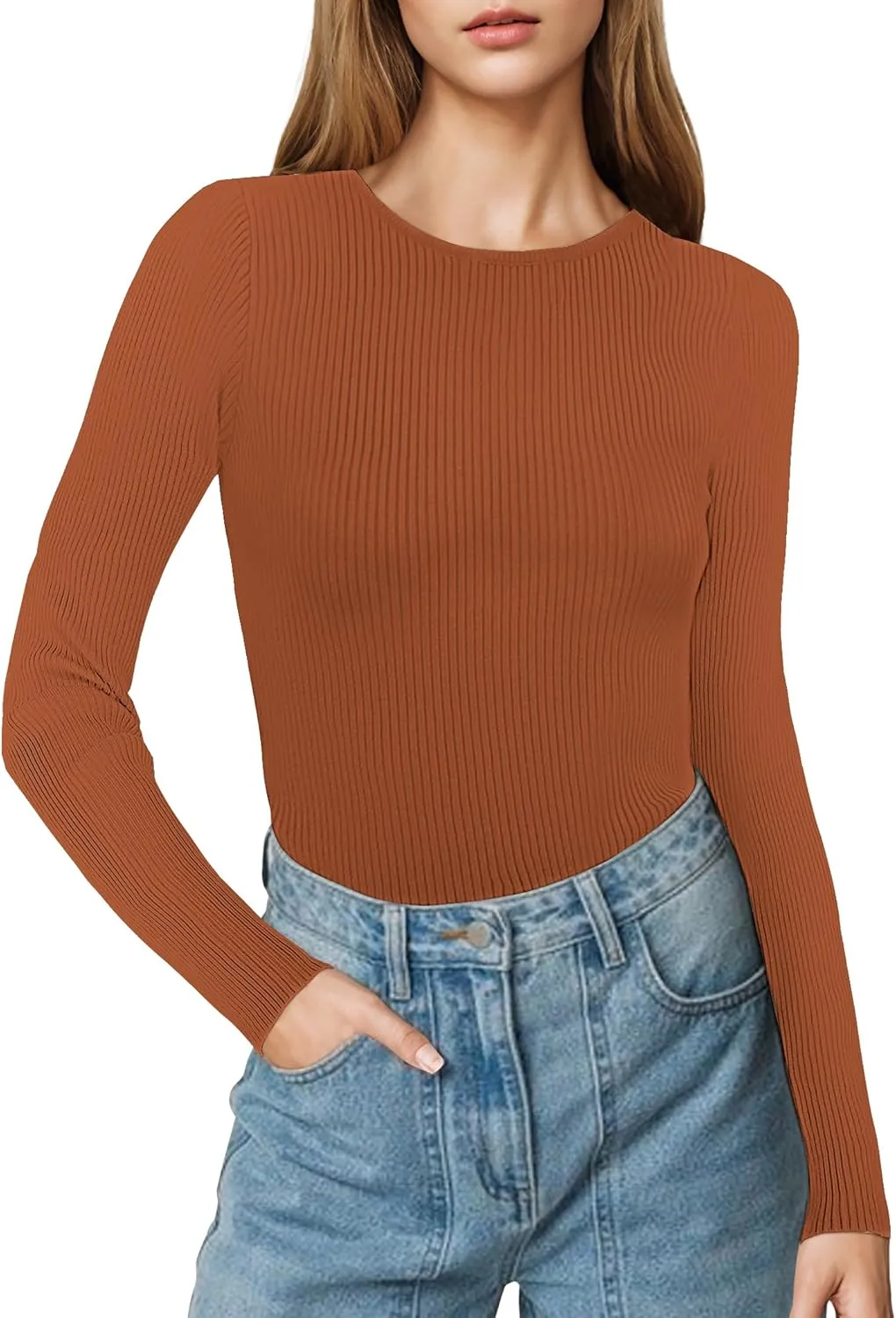 Buauty Women's Long Sleeve Crewneck Sweater 2025 Fall Ribbed Knit Fitted Shirts Slim Solid Pullovers Basic Casual Tee Tops