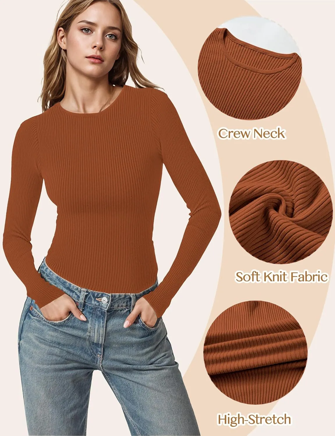 Buauty Women's Long Sleeve Crewneck Sweater 2025 Fall Ribbed Knit Fitted Shirts Slim Solid Pullovers Basic Casual Tee Tops