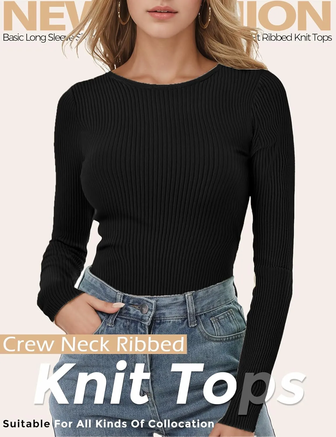 Buauty Women's Long Sleeve Crewneck Sweater 2025 Fall Ribbed Knit Fitted Shirts Slim Solid Pullovers Basic Casual Tee Tops