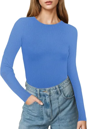 Buauty Women's Long Sleeve Crewneck Sweater 2025 Fall Ribbed Knit Fitted Shirts Slim Solid Pullovers Basic Casual Tee Tops