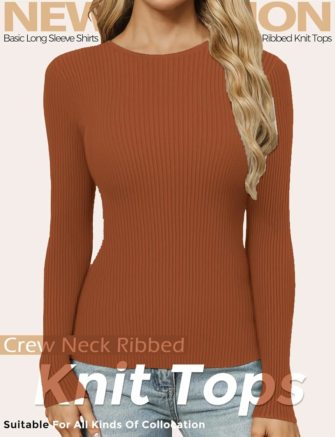 Buauty Women's Long Sleeve Crewneck Sweater 2025 Fall Ribbed Knit Fitted Shirts Slim Solid Pullovers Basic Casual Tee Tops