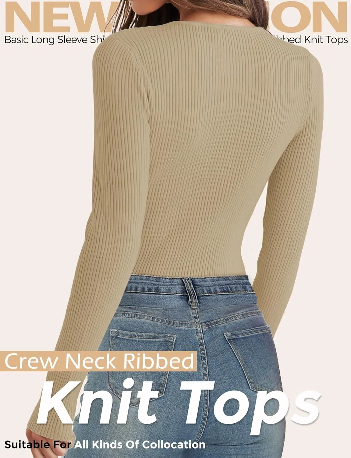 Buauty Women's Long Sleeve Crewneck Sweater 2025 Fall Ribbed Knit Fitted Shirts Slim Solid Pullovers Basic Casual Tee Tops