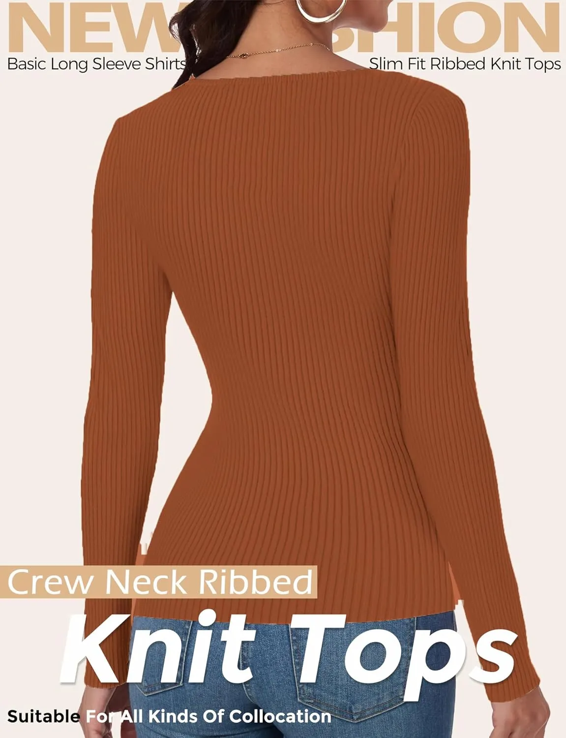 Buauty Women's Long Sleeve Crewneck Sweater 2025 Fall Ribbed Knit Fitted Shirts Slim Solid Pullovers Basic Casual Tee Tops