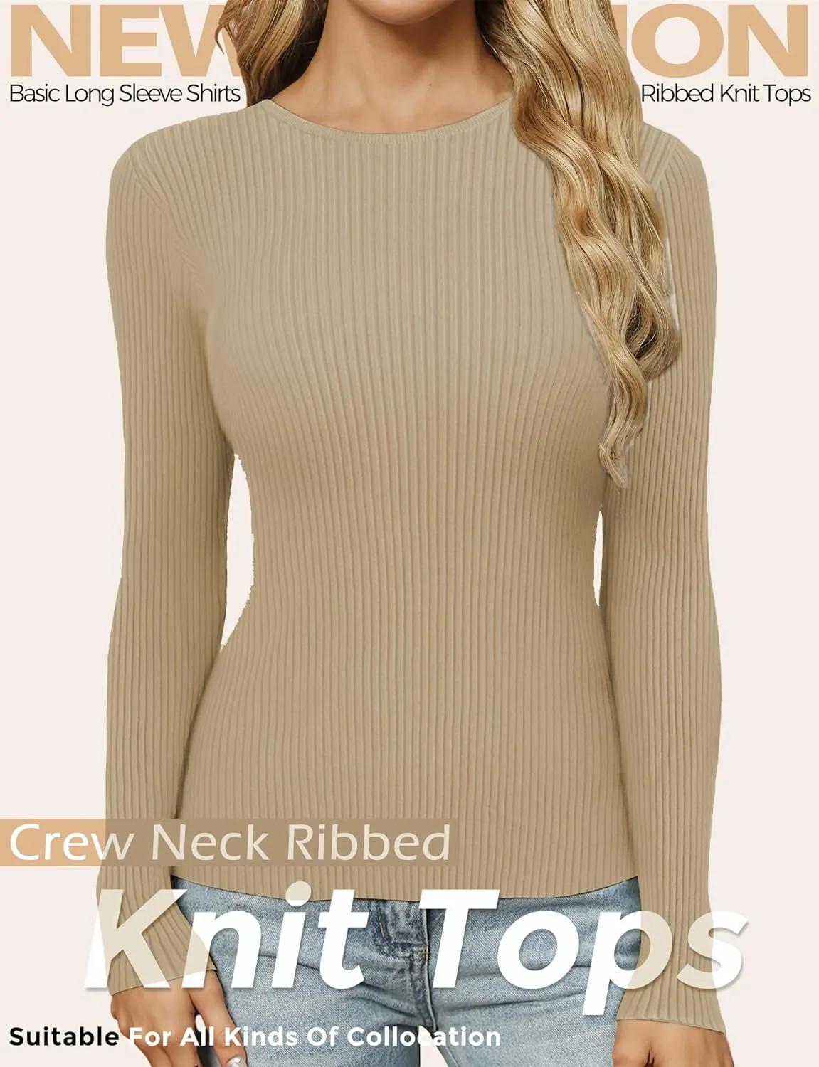 Buauty Women's Long Sleeve Crewneck Sweater 2025 Fall Ribbed Knit Fitted Shirts Slim Solid Pullovers Basic Casual Tee Tops
