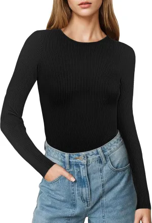 Buauty Women's Long Sleeve Crewneck Sweater 2025 Fall Ribbed Knit Fitted Shirts Slim Solid Pullovers Basic Casual Tee Tops