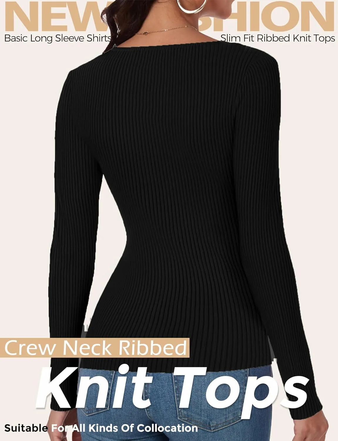 Buauty Women's Long Sleeve Crewneck Sweater 2025 Fall Ribbed Knit Fitted Shirts Slim Solid Pullovers Basic Casual Tee Tops