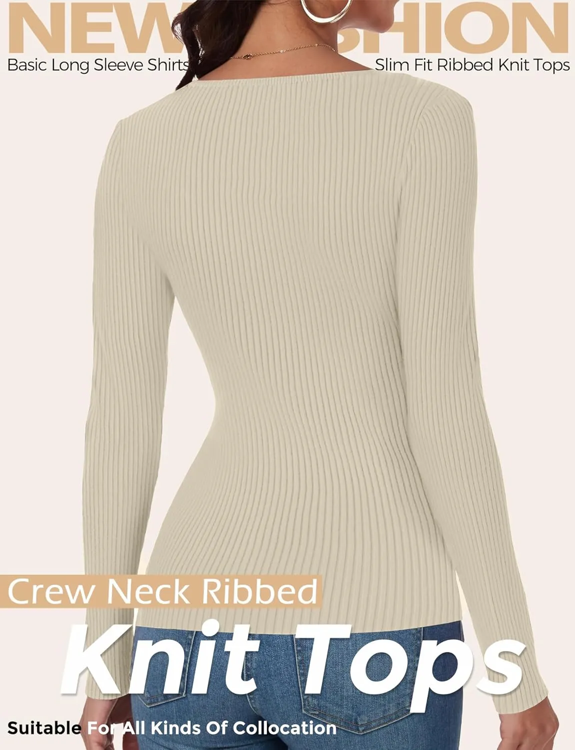 Buauty Women's Long Sleeve Crewneck Sweater 2025 Fall Ribbed Knit Fitted Shirts Slim Solid Pullovers Basic Casual Tee Tops