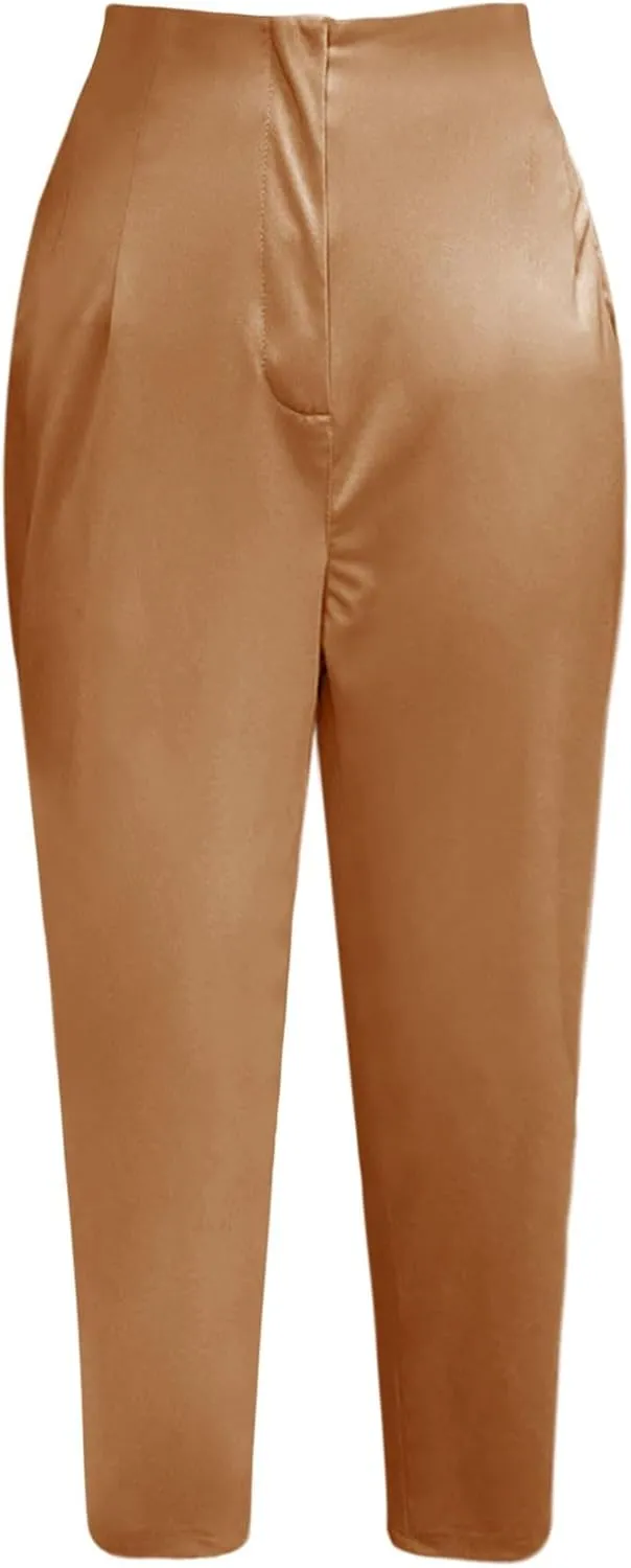Business Work Pants for Women High Waist Pleated Dress Pants Casual Plus Size Straight Leg Slim Fit Office Trousers