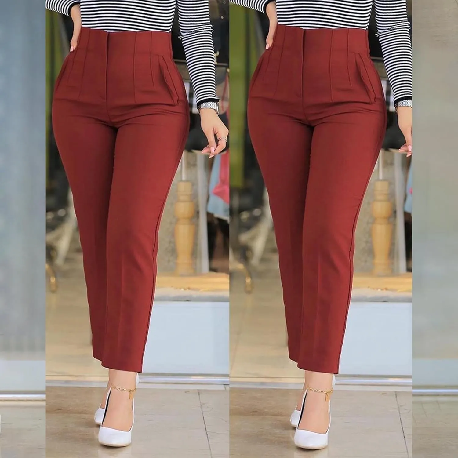 Business Work Pants for Women High Waist Pleated Dress Pants Casual Plus Size Straight Leg Slim Fit Office Trousers