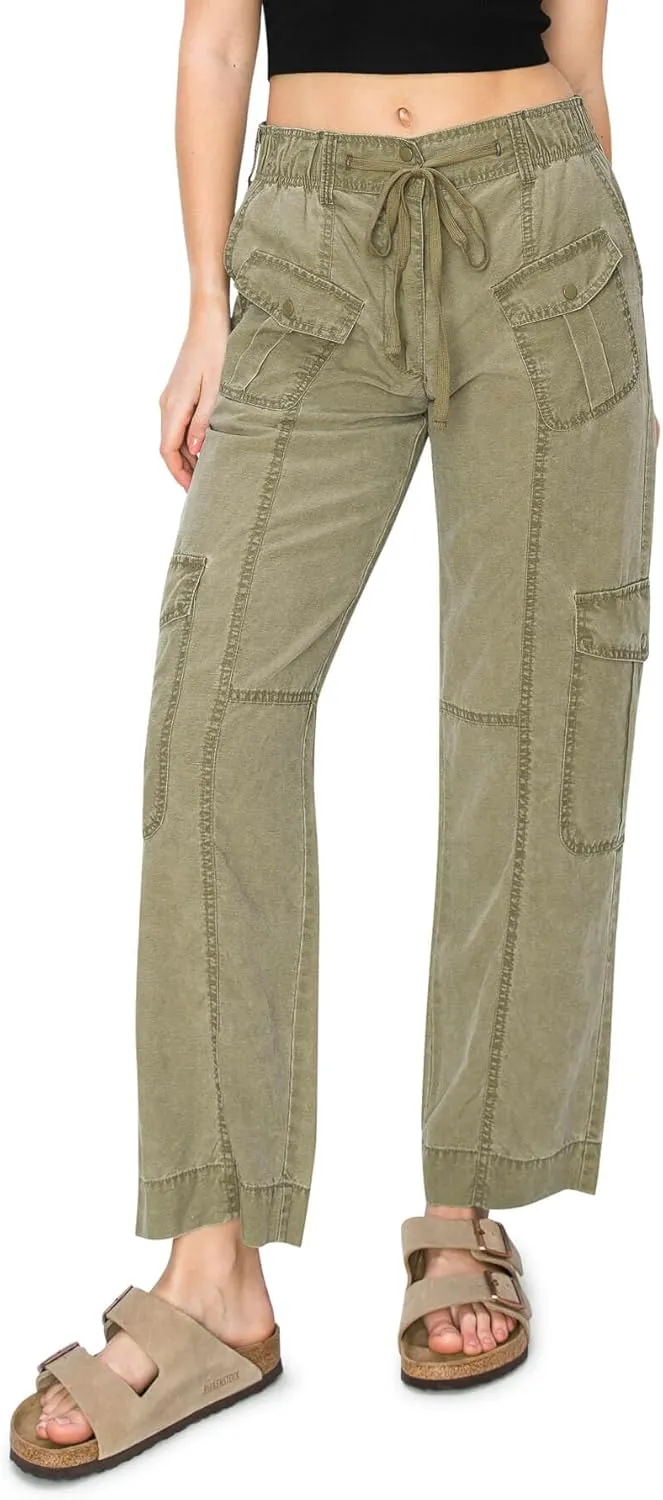 Cali1850 Women's Relaxed Fit Comfortable Mid Rise Washed Linen Straight Leg Cargo Pants with Elastic Band