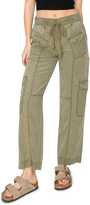 Cali1850 Women's Relaxed Fit Comfortable Mid Rise Washed Linen Straight Leg Cargo Pants with Elastic Band
