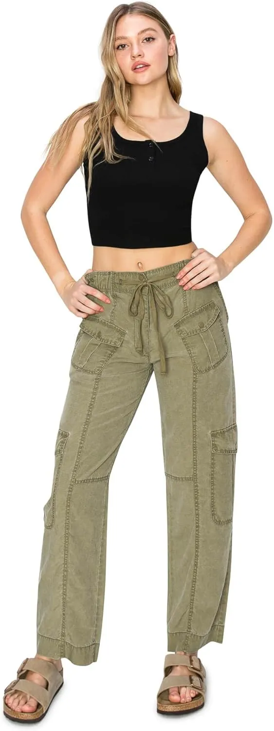 Cali1850 Women's Relaxed Fit Comfortable Mid Rise Washed Linen Straight Leg Cargo Pants with Elastic Band